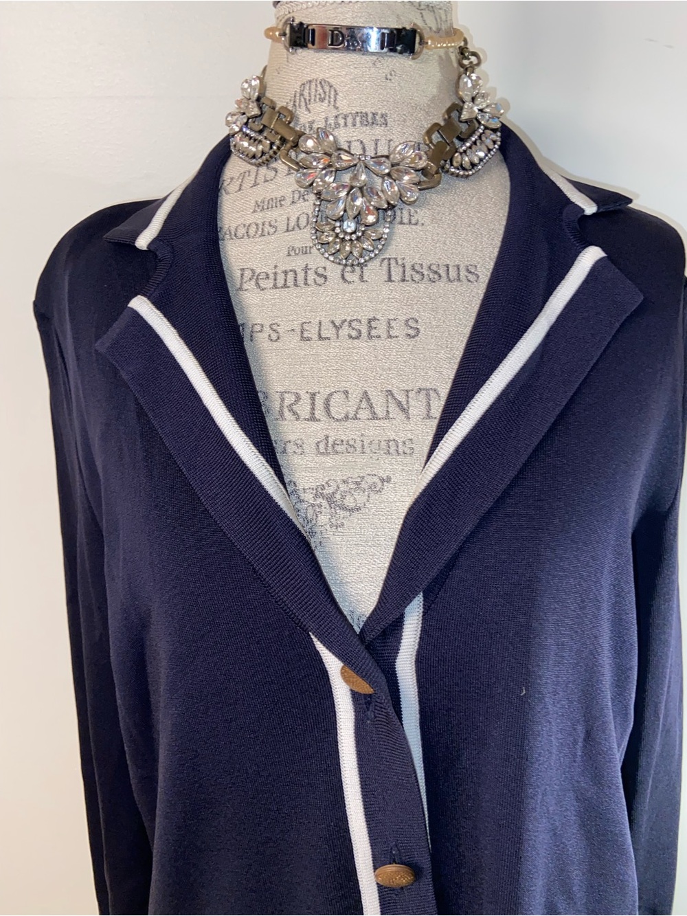 Vintage Misook Navy Cardigan with White Contrast Trim shoulder pads xl